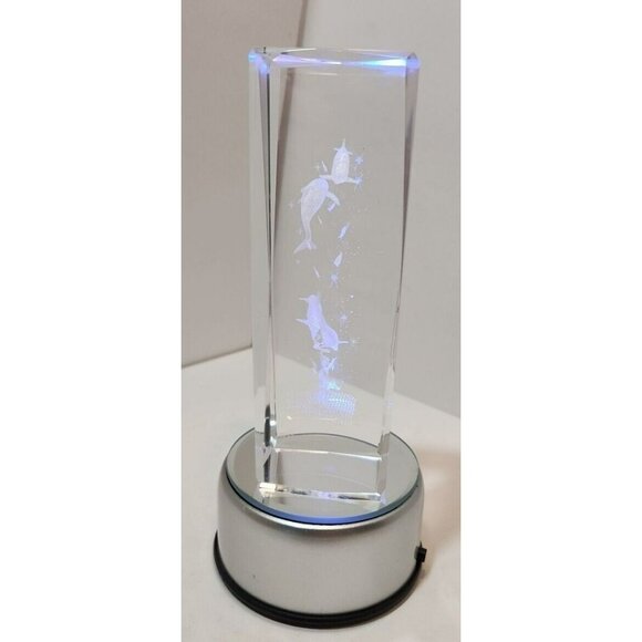 3D Laser Etched Dolphins Crystal Paperweight w/Lighting Base - Picture 9 of 16